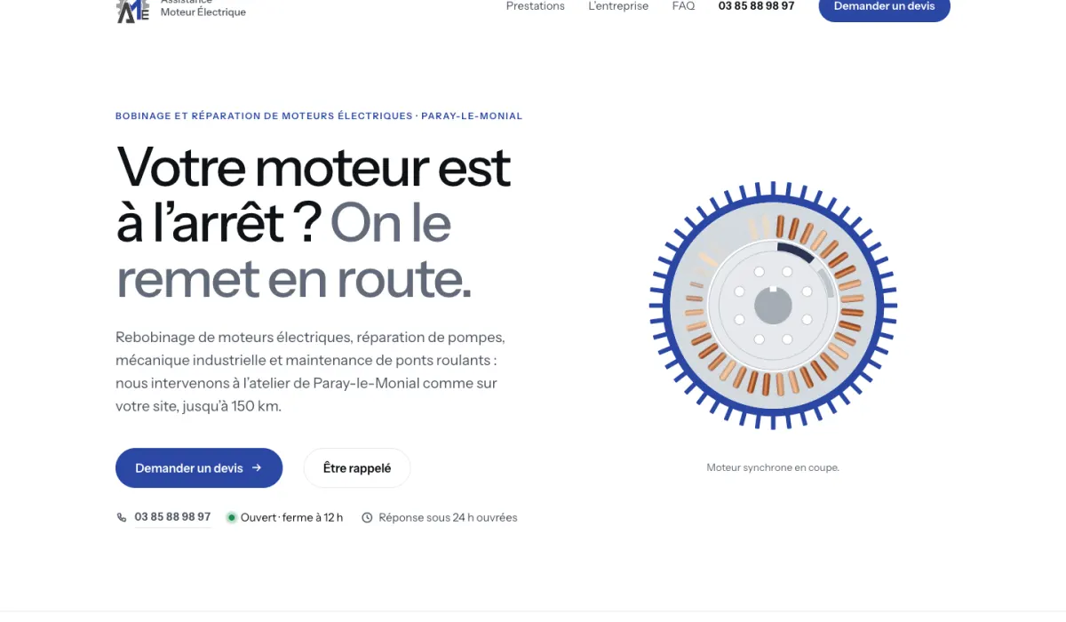 Page d’accueil du site d’A.M.E, atelier de bobinage de moteurs électriques à Paray-le-Monial